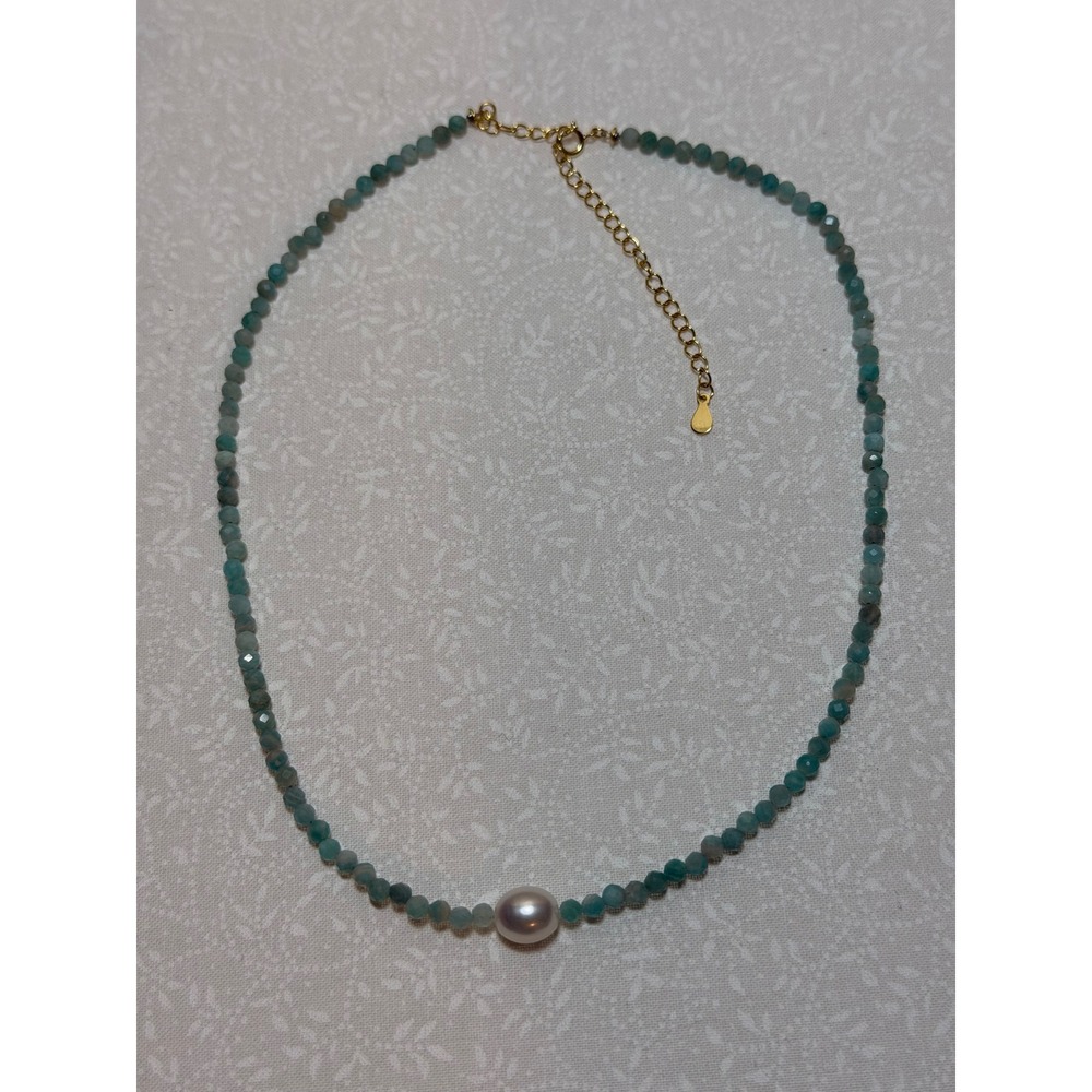 Marilyn Schiff Amazonite Pearl Necklace Sterling Silver 925‎ Gold Tone